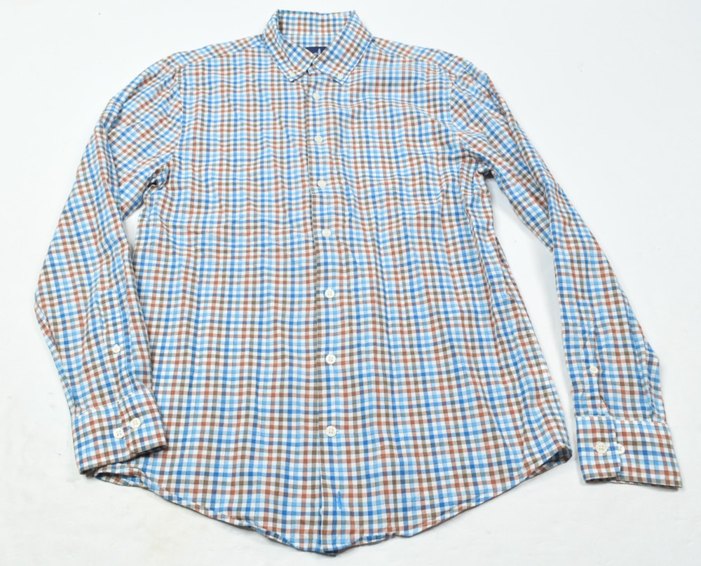 Johnnie-O Shirt Mens Small Blue Brown Gingham Long Sleeve Button-Down Cotton